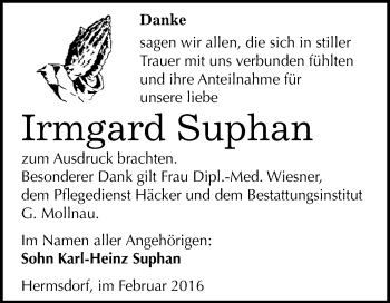 Traueranzeige von Irmgard Suphan von WVG - Wochenspiegel Merseburg