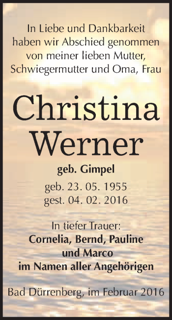 Traueranzeige von Christina Werner von WVG - Wochenspiegel Merseburg