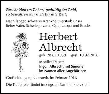 Traueranzeige von Herbert Albrecht von Mitteldeutsche Zeitung Sangerhausen