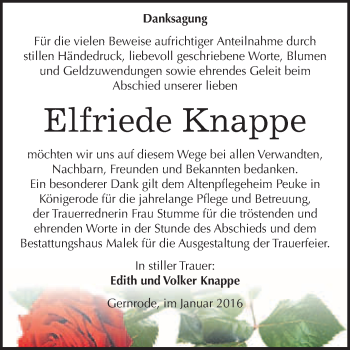 Traueranzeige von Elfriede Knappe von WVG - Wochenspiegel Quedlinburg