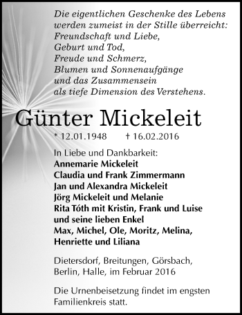 Traueranzeige von Günter Mickeleit von Mitteldeutsche Zeitung Sangerhausen
