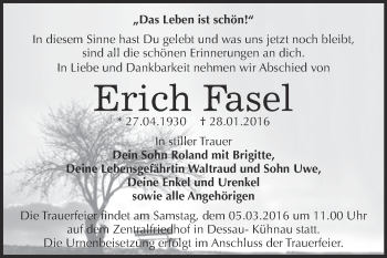 Traueranzeige von Erich Fasel von WVG - Wochenspiegel Dessau / Köthen