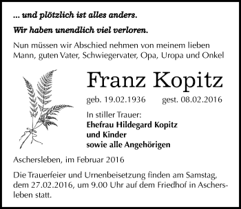 Traueranzeige von Franz Kopitz von Mitteldeutsche Zeitung Aschersleben