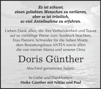 Traueranzeige von Doris Günther von WVG - Wochenspiegel Dessau / Köthen