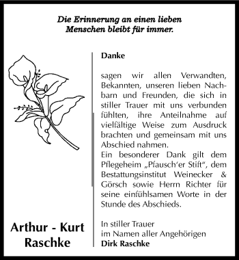 Traueranzeige von Arthur-Kurt Raschke von Mitteldeutsche Zeitung Bernburg