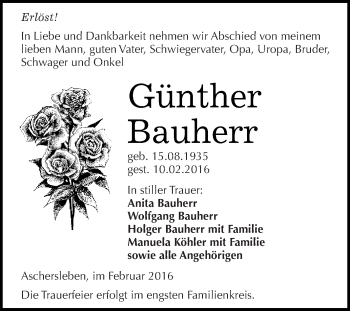 Traueranzeige von Günther Bauherr von Super Sonntag Aschersleben