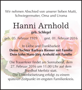 Traueranzeige von Hanni Arnhold von Mitteldeutsche Zeitung Halle/Saalkreis
