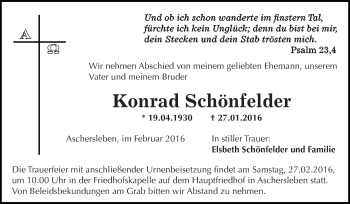 Traueranzeige von Konrad Schönfelder von Super Sonntag Aschersleben