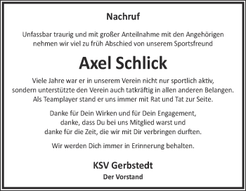 Traueranzeige von Axel Schlick von Wochenspiegel Mansfelder Land