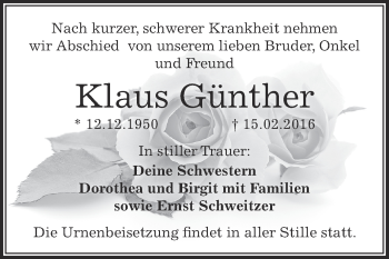 Traueranzeige von Klaus Günther von WVG - Wochenspiegel Dessau / Köthen