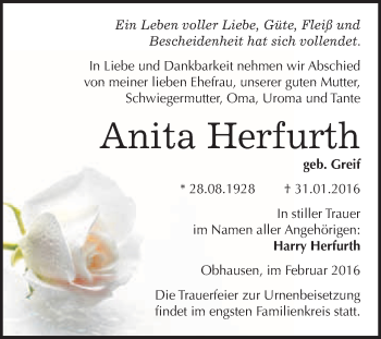 Traueranzeige von Anita Herfurth von WVG - Wochenspiegel Merseburg