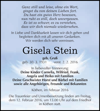 Traueranzeige von Gisela Stein von WVG - Wochenspiegel Dessau / Köthen