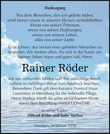Traueranzeige von Rainer Röder von WVG - Wochenspiegel NMB / WSF / ZTZ