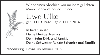 Traueranzeige von Uwe Ulke von Super Sonntag Aschersleben