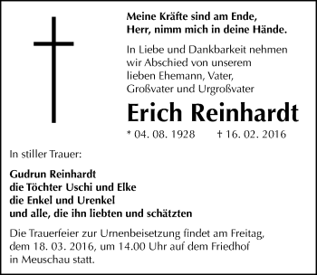Traueranzeige von Erich Reinhardt von Mitteldeutsche Zeitung Merseburg/Querfurt