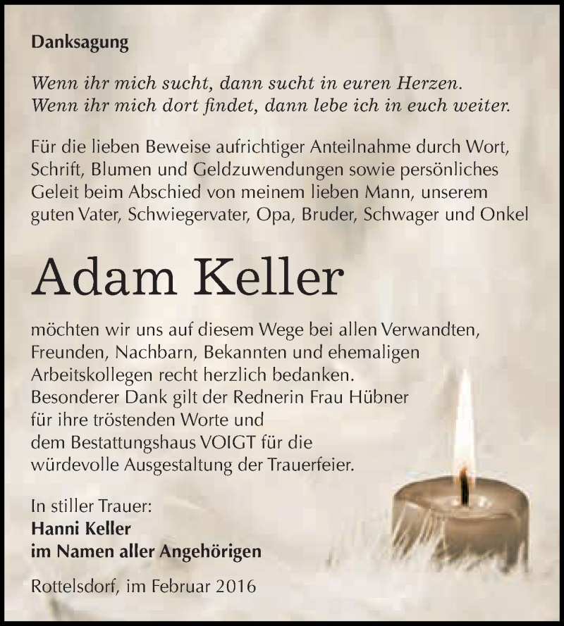  Traueranzeige für Adam Keller vom 17.02.2016 aus Wochenspiegel Mansfelder Land