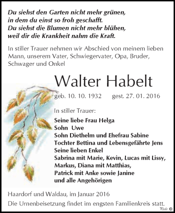Traueranzeige von Walter Habelt von Super Sonntag Zeitz
