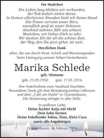 Traueranzeige von Marika Schlede von WVG - Wochenspiegel Wittenberg