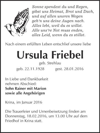 Traueranzeige von Ursula Friebel von WVG - Wochenspiegel Wittenberg