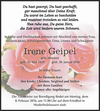 Traueranzeige von Irene Geipel von WVG - Wochenspiegel NMB / WSF / ZTZ