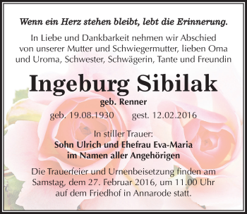 Traueranzeige von Ingeburg Sibilak von Mitteldeutsche Zeitung Mansfelder Land