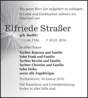 Traueranzeige von Elfriede Straßer von WVG - Wochenspiegel Wittenberg