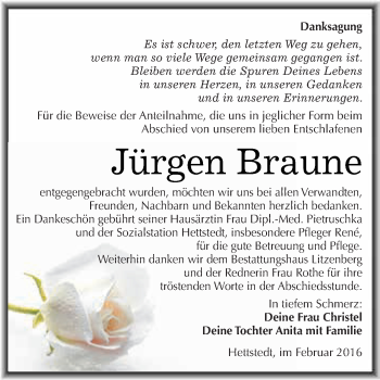 Traueranzeige von Jürgen Braune von Wochenspiegel Mansfelder Land
