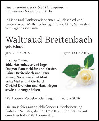 Traueranzeige von Waltraud Breitenbach von Super Sonntag SGH Mansf. Land