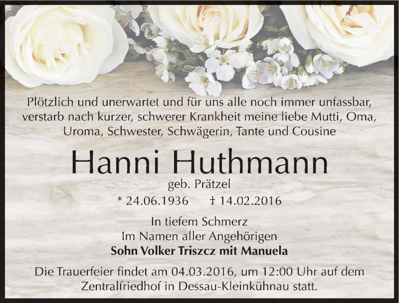  Traueranzeige für Hanni Huthmann vom 20.02.2016 aus Mitteldeutsche Zeitung Dessau-Roßlau