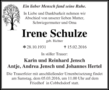 Traueranzeige von Irene Schulze von WVG - Wochenspiegel Dessau / Köthen