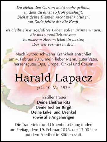 Traueranzeige von Harald Lapacz von WVG - Wochenspiegel Dessau / Köthen