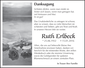 Traueranzeige von Ruth Erlbeck von Super Sonntag Aschersleben