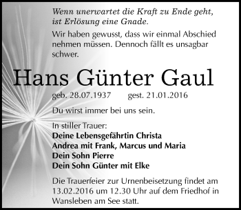 Traueranzeige von Hans Günter Gaul von Mitteldeutsche Zeitung Halle/Saalkreis