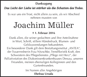 Traueranzeige von Joachim Müller von WVG - Wochenspiegel Dessau / Köthen