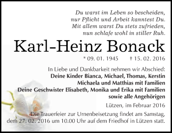 Traueranzeige von Karl-Heinz Bonack von WVG - Wochenspiegel NMB / WSF / ZTZ