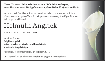 Traueranzeige von Helmuth Angrick von Wochenspiegel Mansfelder Land