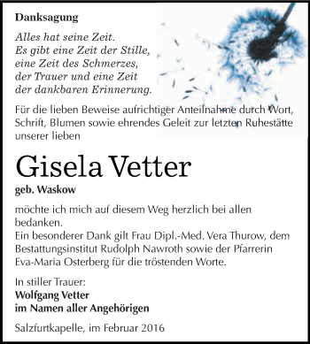 Traueranzeige von Gisela Vetter von WVG - Wochenspiegel Dessau / Köthen