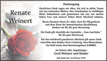Traueranzeige von Renate Weinert von Mitteldeutsche Zeitung Quedlinburg