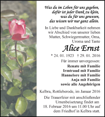 Traueranzeige von Alice Ernst von Super Sonntag SGH Mansf. Land