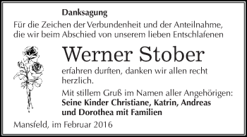 Traueranzeige von Werner Stober von Wochenspiegel Mansfelder Land