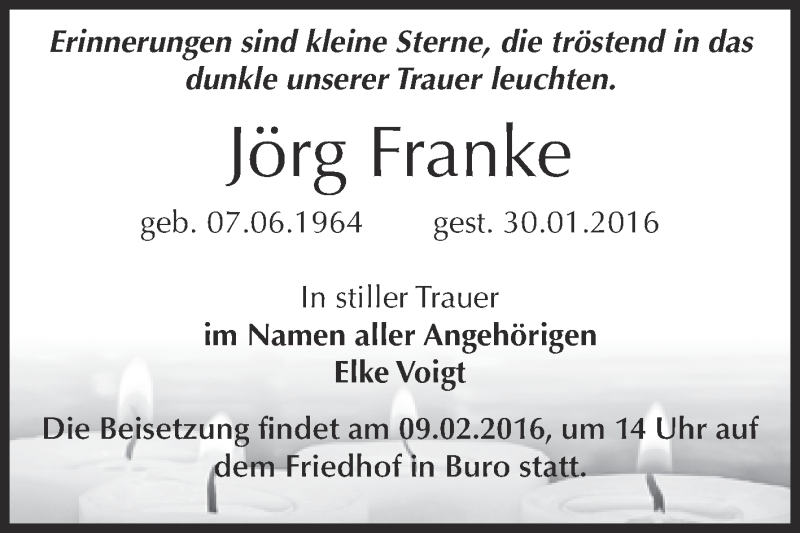  Traueranzeige für Jörg Franke vom 06.02.2016 aus Super Sonntag Bernburg