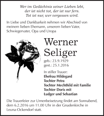 Traueranzeige von Werner Seliger von WVG - Wochenspiegel Merseburg