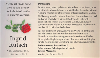 Traueranzeige von Ingrid Rutsch von WVG - Wochenspiegel Bitterfeld