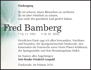 Traueranzeige von Fred Bamberg von WVG - Wochenspiegel Quedlinburg