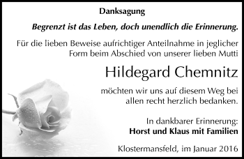 Traueranzeige von Hildegard Chemnitz von Mitteldeutsche Zeitung Mansfelder Land