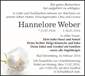 Traueranzeige von Hannelore Weber von Super Sonntag Merseburg