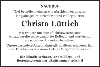 Traueranzeige von Christa Lüttich von WVG - Wochenspiegel NMB / WSF / ZTZ
