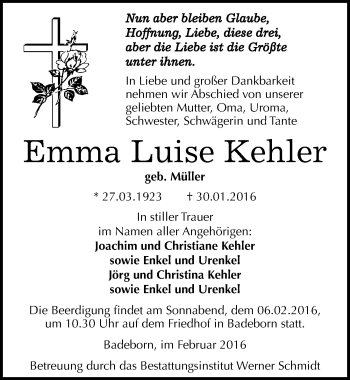 Traueranzeige von Emma Luise Kehler von Mitteldeutsche Zeitung Quedlinburg