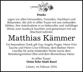 Traueranzeige von Matthias Kämmer von Mitteldeutsche Zeitung Weißenfels