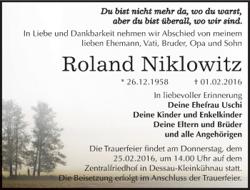 Traueranzeige von Roland Niklowitz von Mitteldeutsche Zeitung Dessau-Roßlau